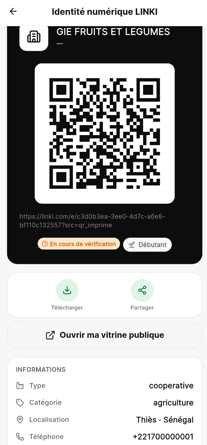 Écran QR d'une vitrine LINKI dans l'application