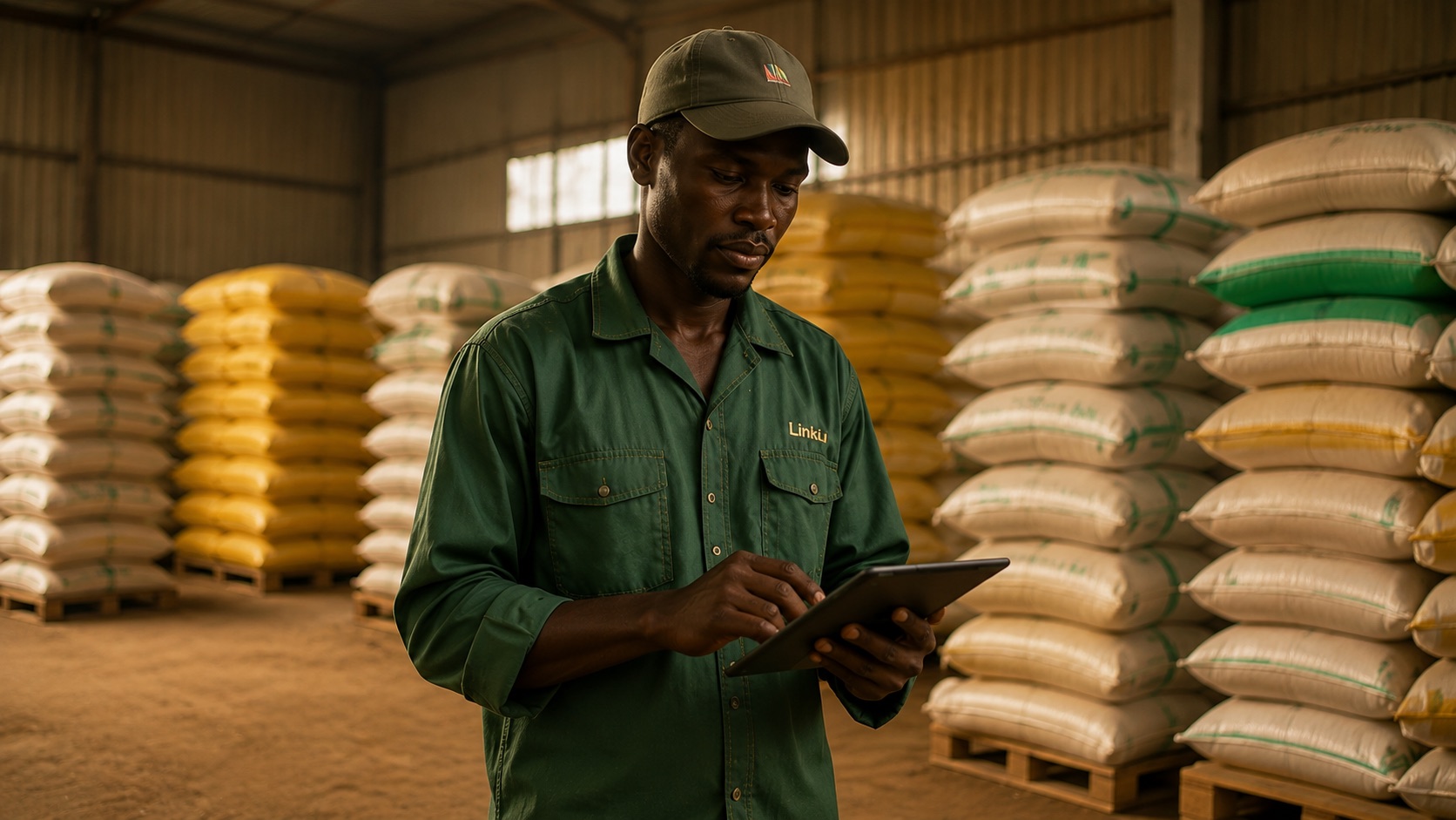 Gérant d'entreprise sénégalaise gérant son stock sur tablette dans un entrepôt